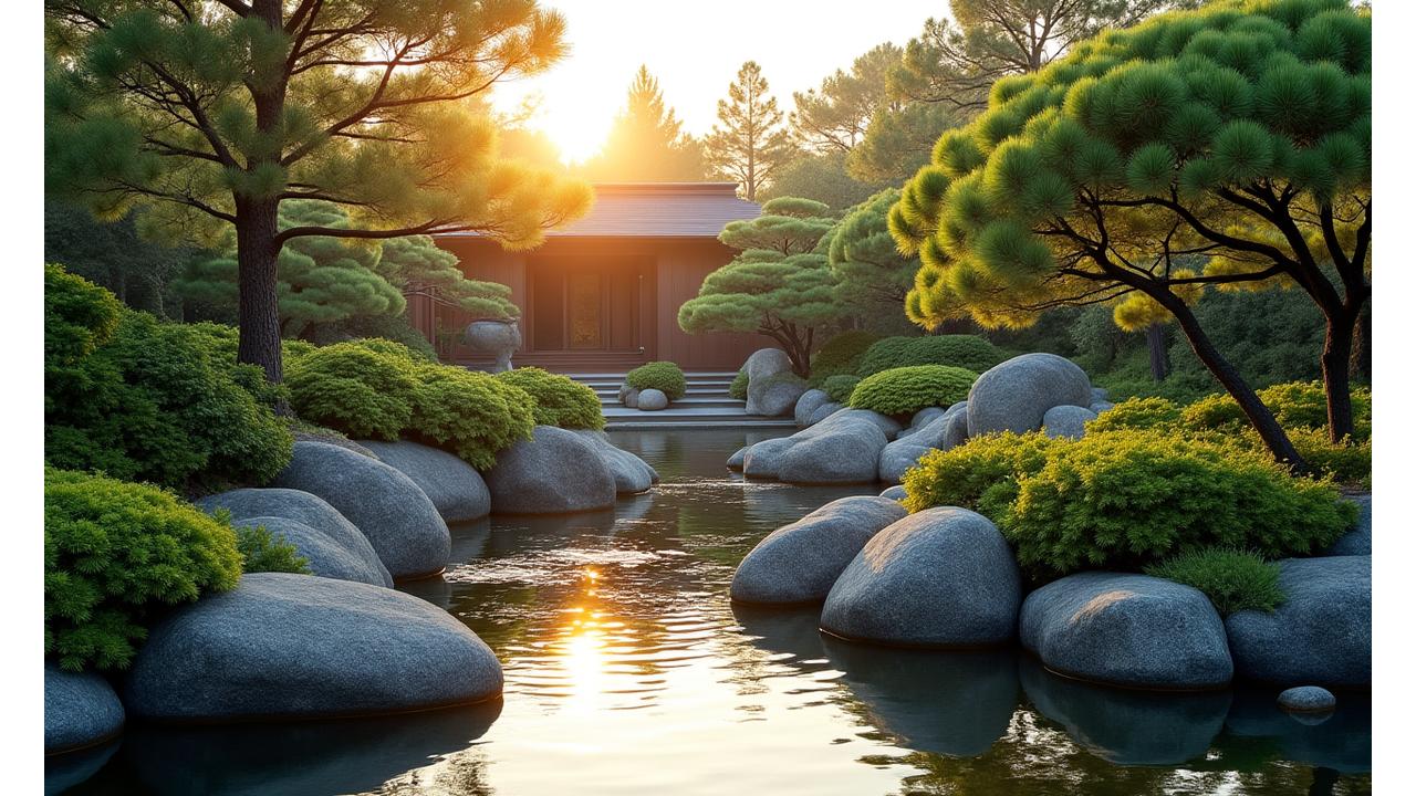 伝統的な日本庭園と現代的な要素が調和した美しい庭園
