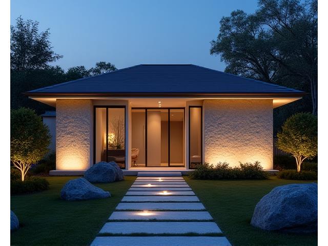 モダンな建築物のファサードが、庭園照明と一体となるように繊細にライトアップされ、建物と外部空間がシームレスに繋がっている