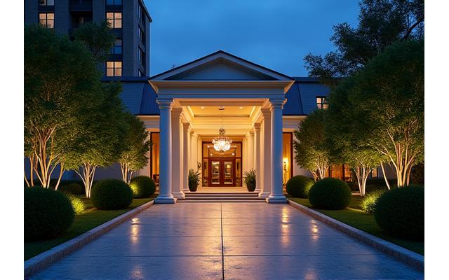 高級ホテルのエントランス部分が、上品なアップライトとダウンライトで奥行きと華やかさを演出している。ゲストを優雅に迎え入れる光の道