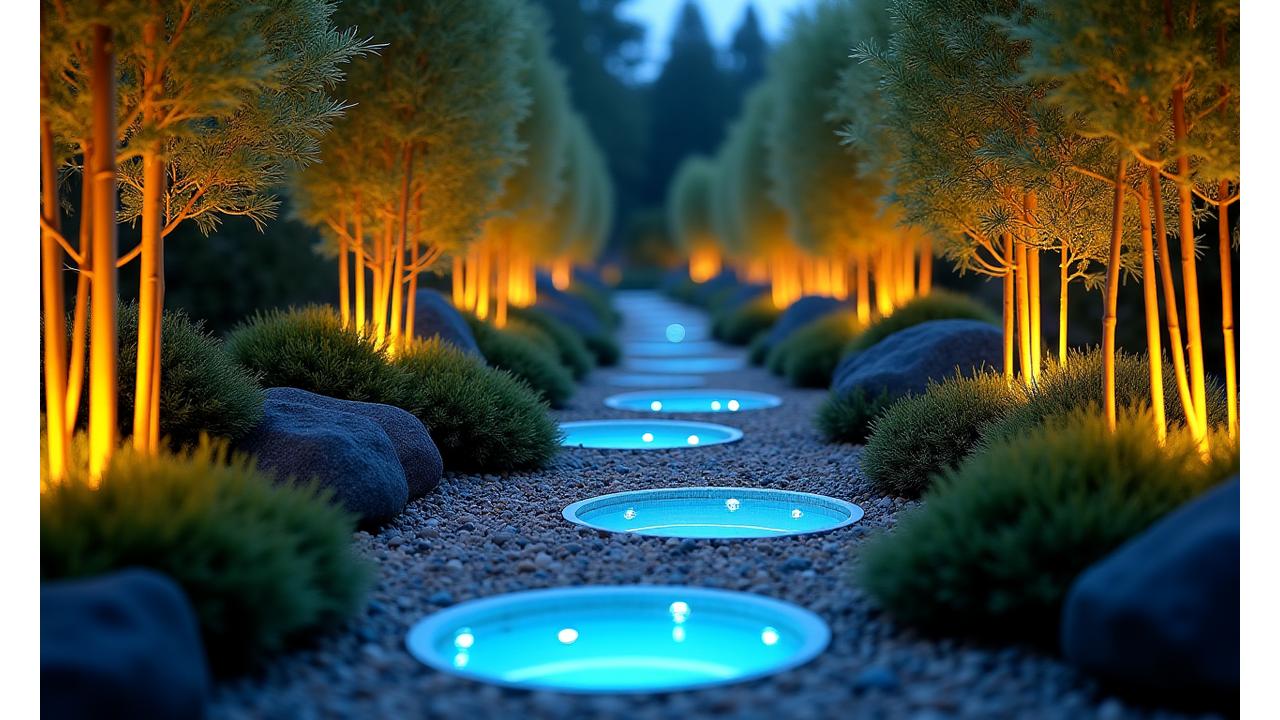 最新のLED照明が庭園の植物や石灯篭を鮮やかに照らし、色のバリエーションを表現している様子