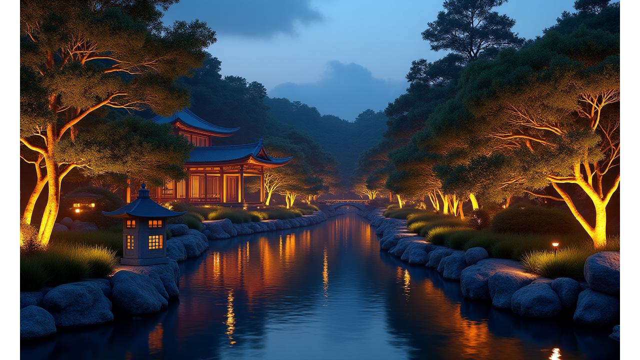 夕暮れ時の庭園が暖色の照明で美しくライトアップされており、昼間とは異なる魅力的な空間が演出されている