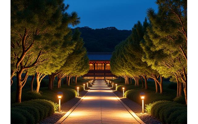 夜の公園が、歩行者の安全を確保しながら、歴史的な建造物や特徴的な樹木を美しく照らしている。柔らかい光が全体を包み込む