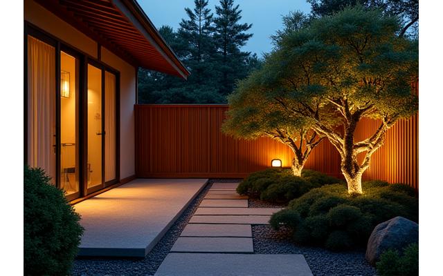 温かみのある光でライトアップされた現代的な日本家屋の庭園。石や植栽が美しく照らされ、落ち着いた雰囲気を醸し出している