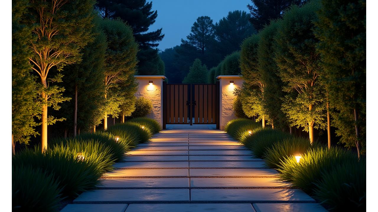 夜間、庭園の主要な通路や入り口、植栽の陰に照明が効果的に配置され、侵入者への抑止効果と安全な歩行空間を両立している様子