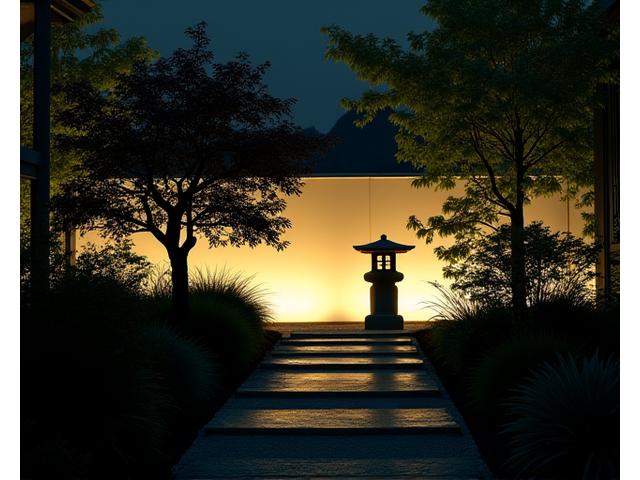 庭園の中央にある特徴的な木が、背後からの照明で美しいシルエットとして浮かび上がり、ドラマチックな陰影を創出している