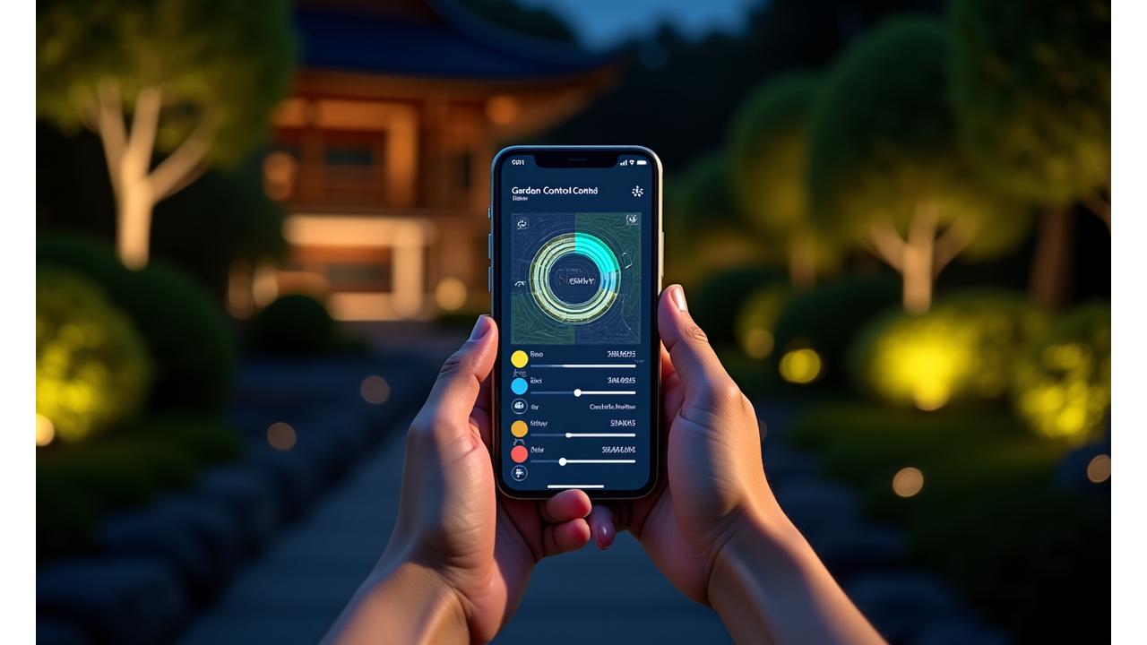 スマートフォンアプリの画面に庭園照明の制御インターフェースが表示され、ユーザーが明るさや色、スケジュールを調整している様子