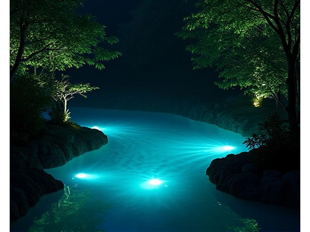 夜の池や噴水が、水面下からの青や緑の照明で幻想的にライトアップされ、水が踊るような美しい光景を生み出している