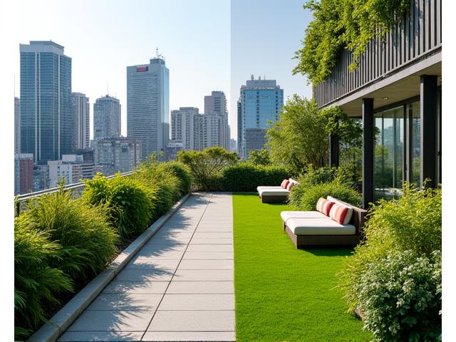 東京の中心部にある商業施設の屋上庭園。管理前の緑がまばらだった状態（左半分）と、グリーノヴァンドラリストの管理によって活気に満ちたオアシスとなったAfterの状態（右半分）の比較。