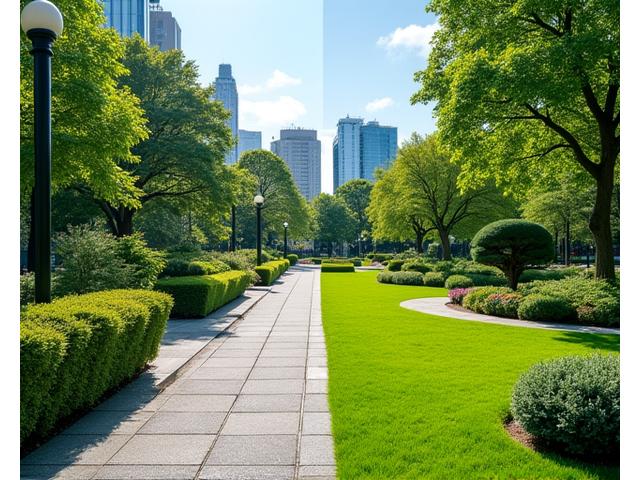 公共施設の広大な緑地公園。管理前には見られた手入れの不備（左半分）が改善され、子供たちが安全に遊べるよう整備されたAfterの状態（右半分）が示されている。