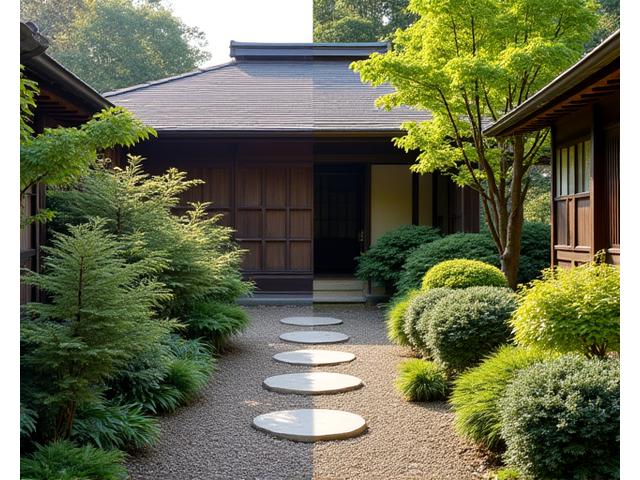 ある個人邸宅の日本庭園の、手入れが行き届いていないBeforeの状態（左半分）と、グリーノヴァンドラリストによる数年間の管理を経て美しく再生したAfterの状態（右半分）を対比させた画像。