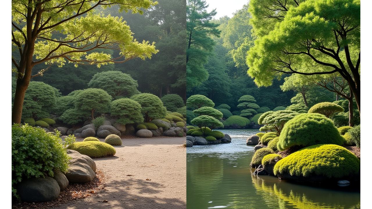 手入れが行き届いた日本庭園と、手入れ前で少し荒れている同じ庭園の比較。手入れ後の庭は鮮やかな緑と手入れされた石組みが美しい。Before/Afterのレイアウトで、左は雑草が生え、木々が伸び放題の庭、右は剪定され、整然と手入れされた生気に満ちた庭。