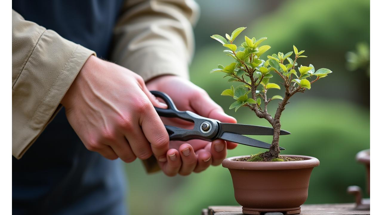 グリーノヴァンドラリストの熟練した庭師が、特別な剪定ばさみを使い、盆栽のような繊細な木を丁寧に手入れしているクローズアップ。