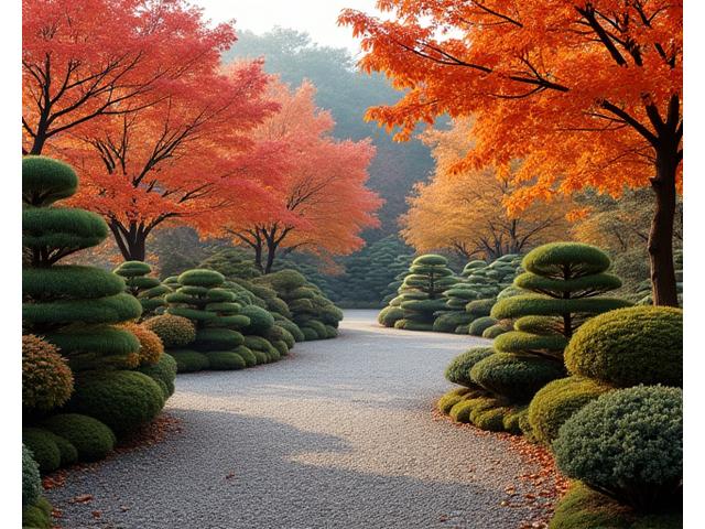秋、紅葉が始まったばかりの日本庭園。剪定されたばかりの木々と、落ち葉を集める庭師の小さな影が見える。