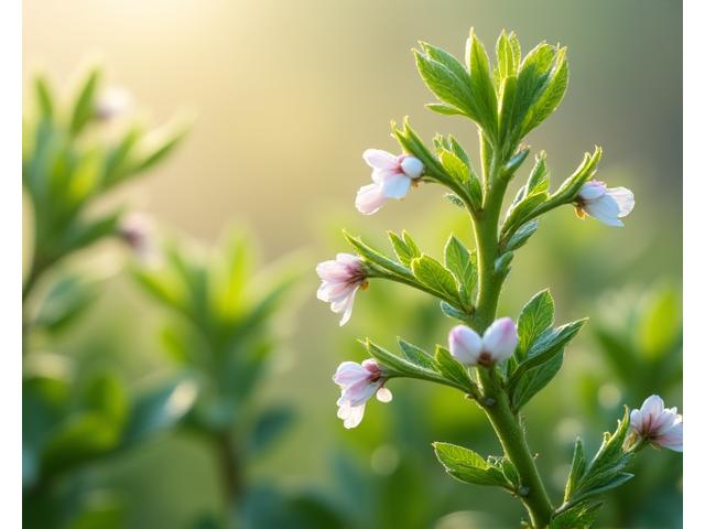 春、新芽が芽吹き、鮮やかな緑に包まれた日本庭園のクローズアップ。瑞々しい新しい葉と、咲き始めた季節の花々が写っている。