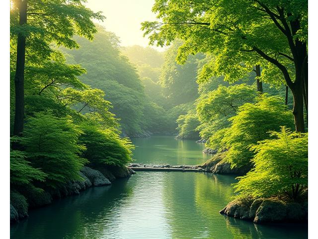 夏、日差しを浴びて青々と繁る日本庭園。水琴窟からの水やりに加え、害虫対策のための丁寧な手入れが行われている様子。