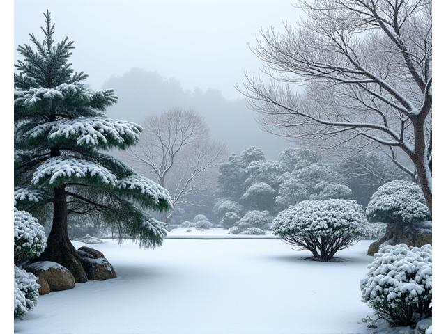 冬、雪化粧した静寂な日本庭園。一部の植物には藁囲いが施され、冬の保護がされている様子。