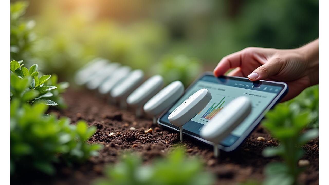 庭園の土壌に差し込まれた複数のスマートセンサーが、植生の水分量と栄養状態をモニターしている様子。隣にはタブレットがあり、リアルタイムのデータが表示されている。
