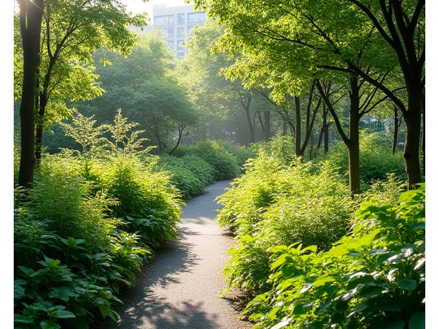 都市における緑豊かなサステナブル植栽の例