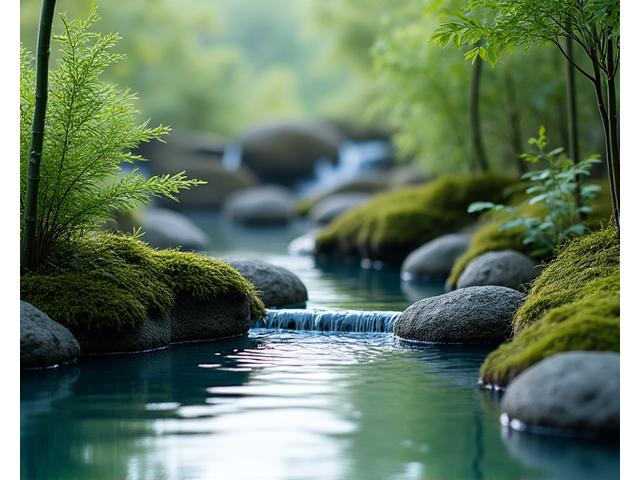 静寂な美しさを持つ水景施設、小さな滝や池