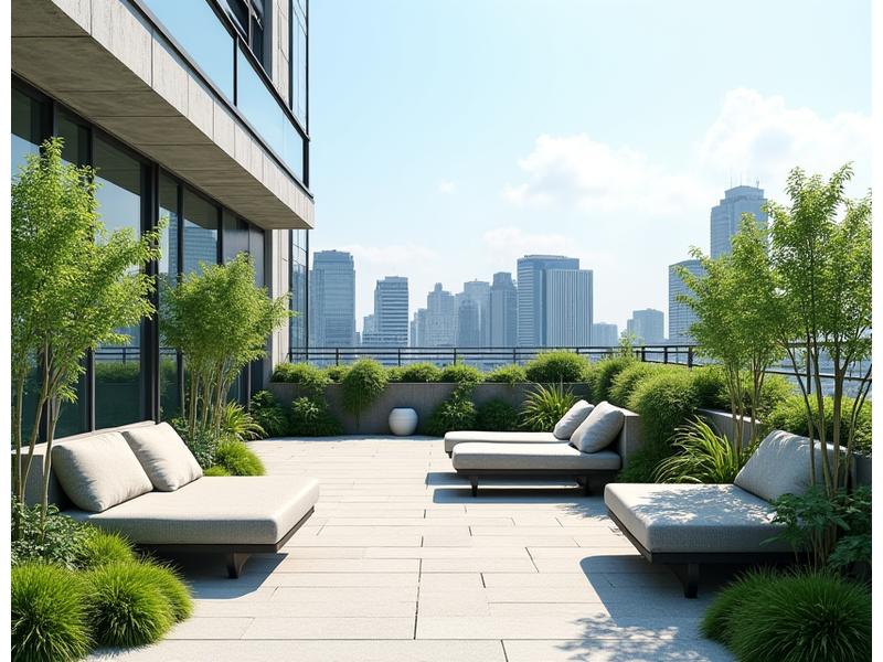 オフィスビルの屋上にある従業員のための緑豊かな休憩スペース