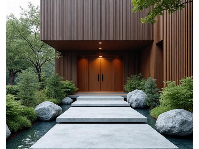 商業施設のエントランスに作られた、ミニマルで洗練された和モダン空間。