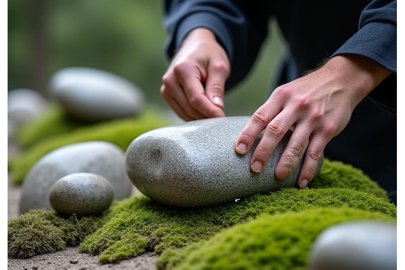 熟練の庭師が石組の配置を丁寧に行っている様子。真剣な眼差しで、石材の向きとバランスを調整中。