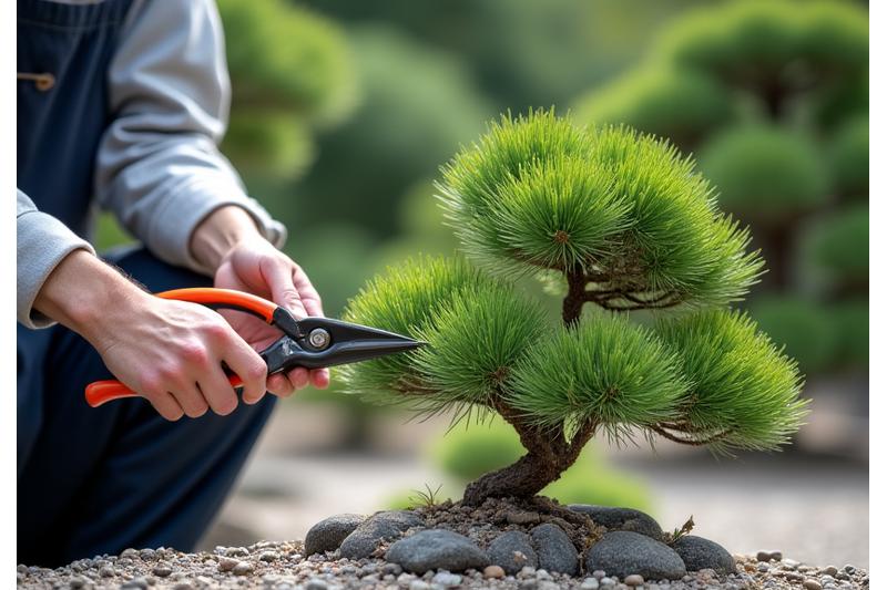 庭師が丁寧に松の木を剪定している様子。手入れされた植栽が美しい。