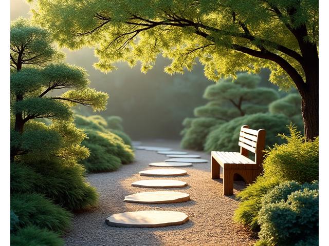 趣のある園路と休憩空間。自然素材で舗装された小道と、落ち着いたベンチが配されています。