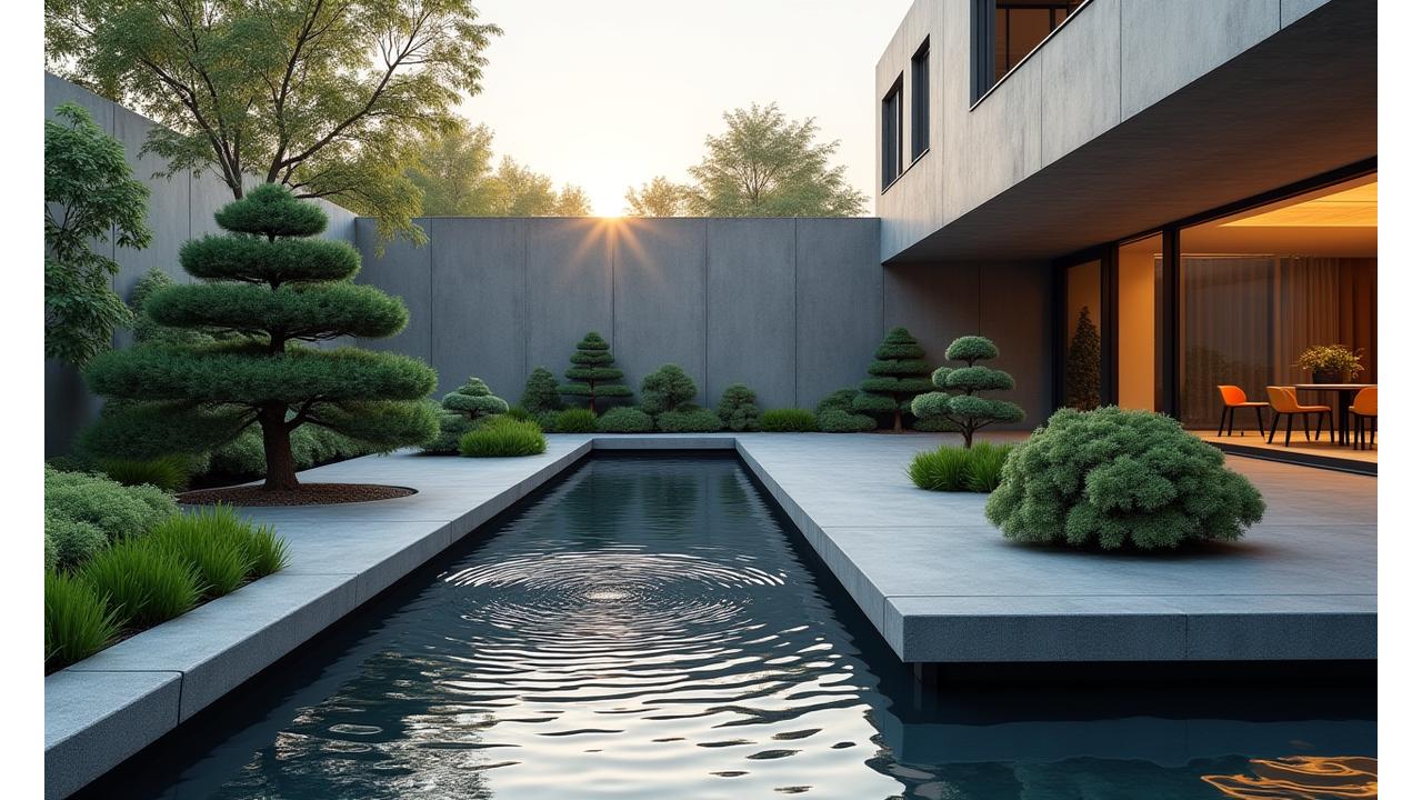 現代建築に調和するミニマルな和モダン庭園。洗練された石材とモダンな水景が特徴です。