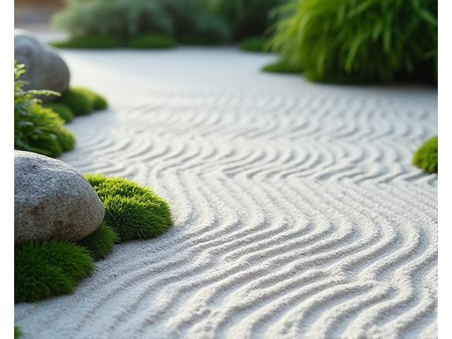 静寂な枯山水庭園。白砂に描かれた波紋と配置された石が象徴的な山水を表現。