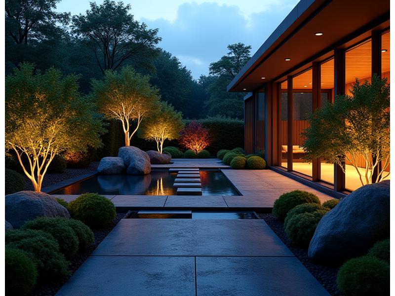 LED照明で美しくライトアップされた夜間の和モダン庭園。光が石や植物を幻想的に浮かび上がらせています。