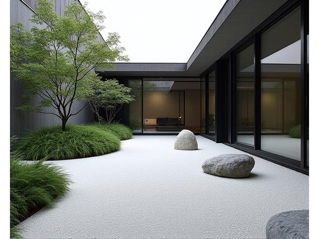 港区の現代住宅のプライベートガーデンに設置されたミニマリストな枯山水庭園。