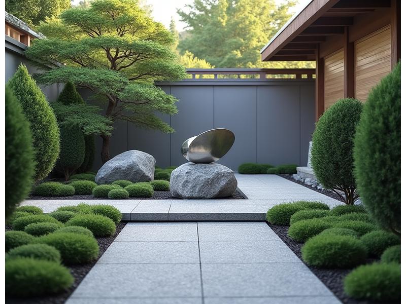 現代彫刻と自然石が調和した和モダン庭園。ミニマルな彫刻が庭のアクセントに。