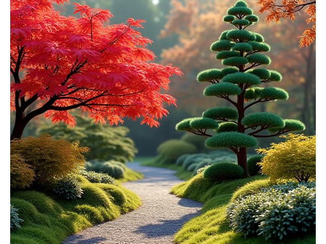 四季折々の植栽が美しい日本庭園。緑豊かな木々と色彩豊かな花々が調和しています。