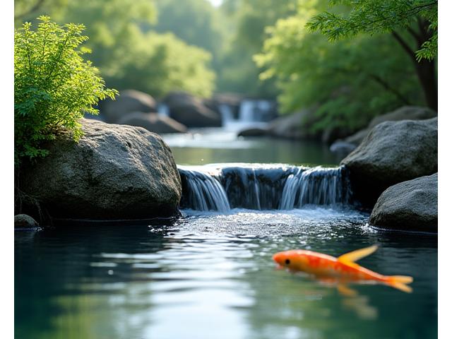 清らかな水が流れる日本庭園の水景。鯉が泳ぎ、水の音が心地よい空間です。