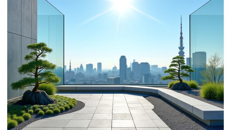 東京の高層ビルの屋上に作られた、コンパクトながらも洗練された禅スタイルの庭園。ミニマリストな造形と都市のスカイラインが融合。