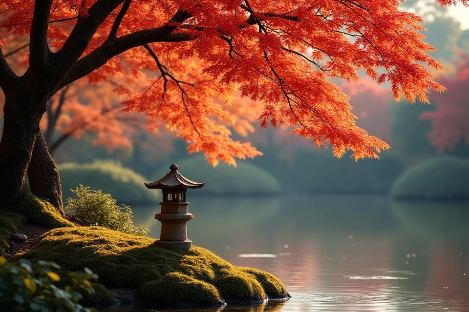 鮮やかな紅葉に彩られた深い秋の日本庭園