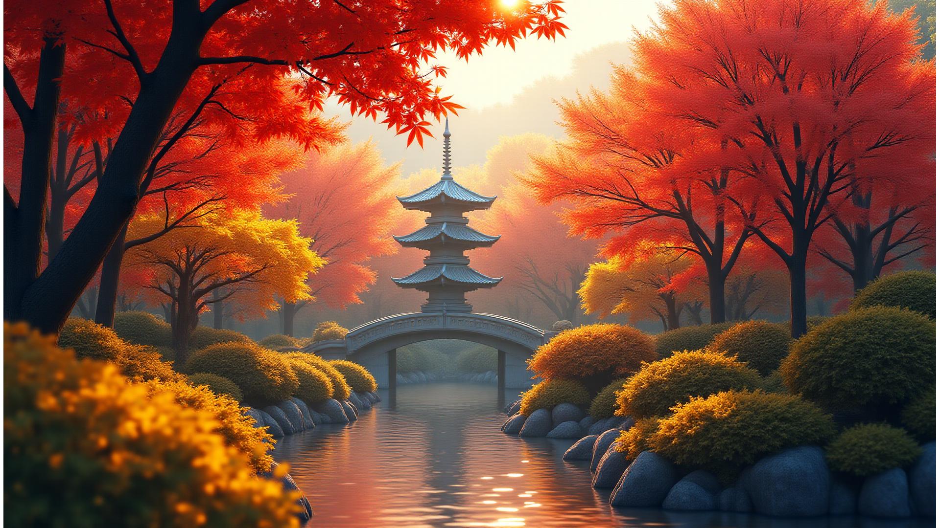 秋の紅葉に囲まれた静かな日本庭園