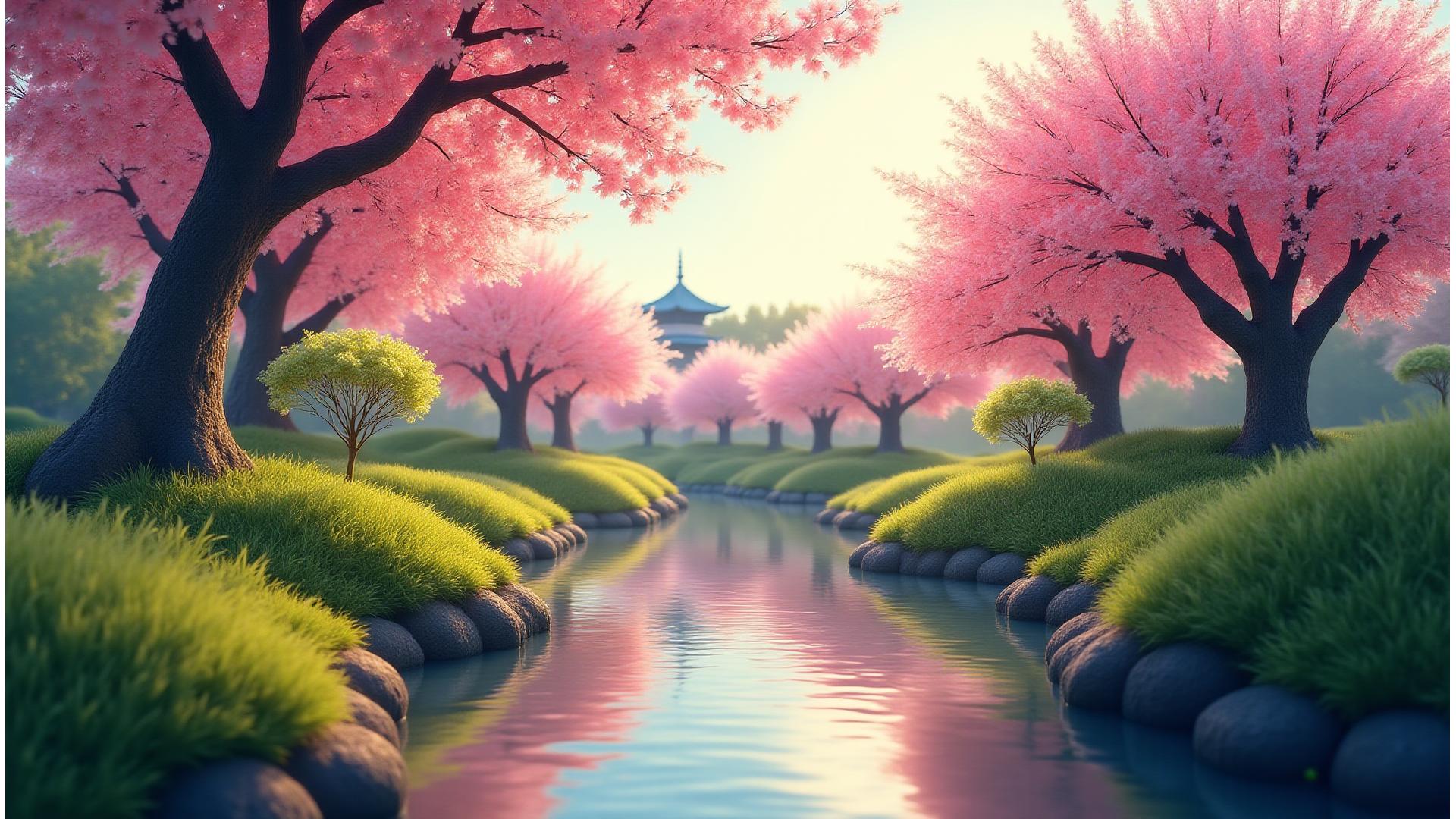 春の桜と新緑が美しい日本庭園の眺め