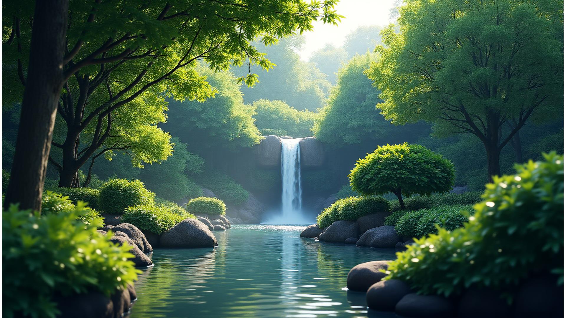 夏の日差しの中で涼しげな水景がある日本庭園