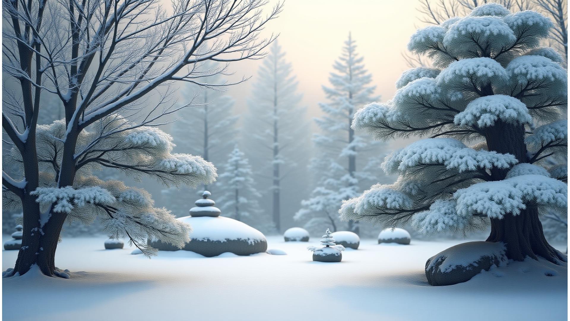 冬の雪に覆われた静寂な日本庭園