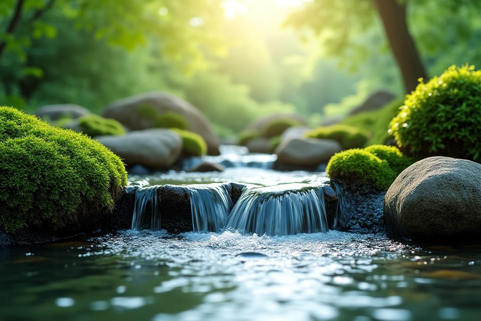 夏の強い日差しの中で涼やかに流れる水景のある日本庭園
