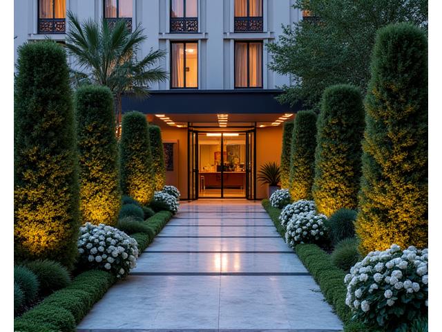 ホテルエントランスの歓迎する庭園