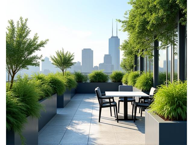 オフィスビルのリラックスできる屋上庭園