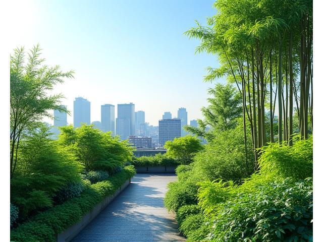都市の屋上庭園でCO2センサーを備えた緑豊かな植物、青空が背景