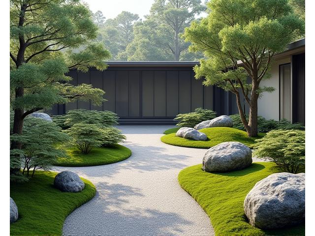 手入れが行き届き、自然な風合いのモダンな日本庭園、苔と岩が配置されている