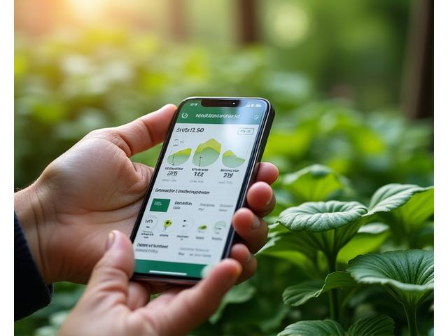 スマートフォンアプリで庭の灌水システムを遠隔操作する手元のクローズアップ、緑豊かな庭が背景