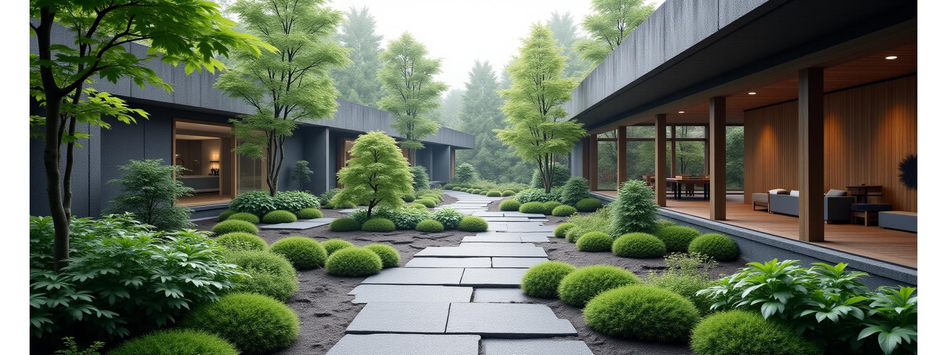 サステナブルな庭園の俯瞰図。緑豊かな植栽と小雨の降る中で水を吸収する雨庭