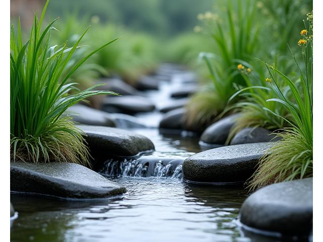 雨水が流れ込む美しい石と植物の雨庭、水滴が葉に光る