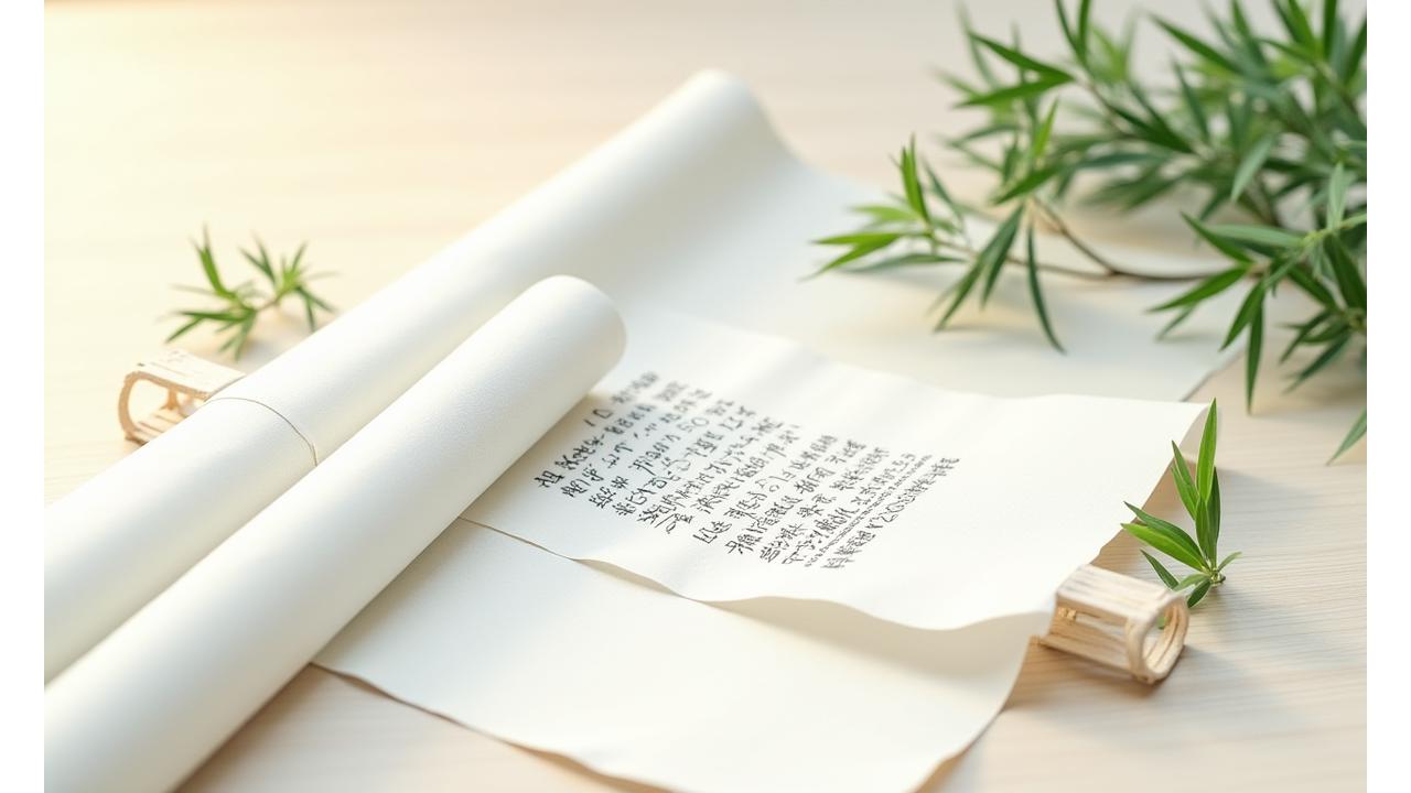 伝統的な和紙に書かれた利用規約をイメージした、清らかで秩序ある書類の山と緑の葉っぱ